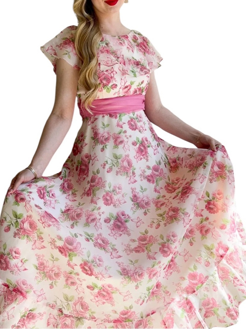 Vintage 70s Sylvia Ann Floral Maxi Dress Flutter Sleeve Empire Waist Cottagecore
